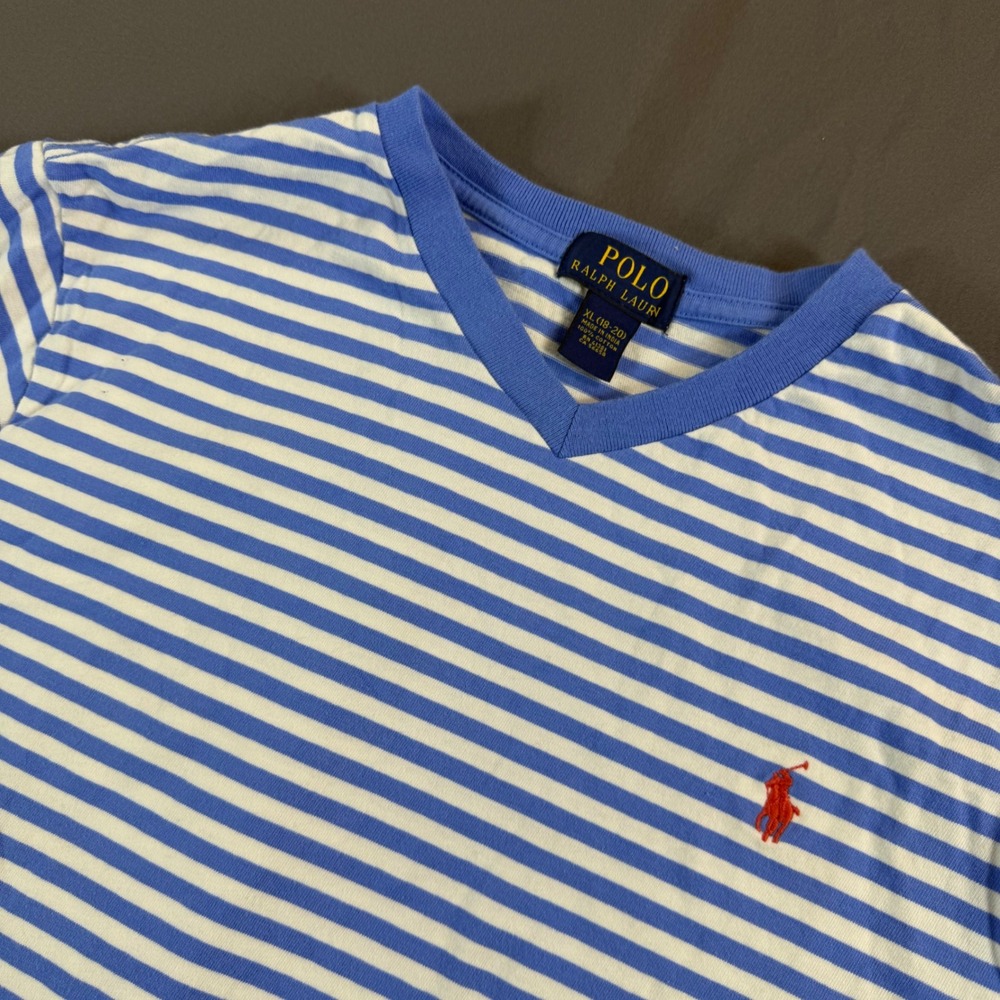 Polo Ralph Lauren Boys XL 18-20 Striped V-Neck T-Shirt Blue White Pony Logo